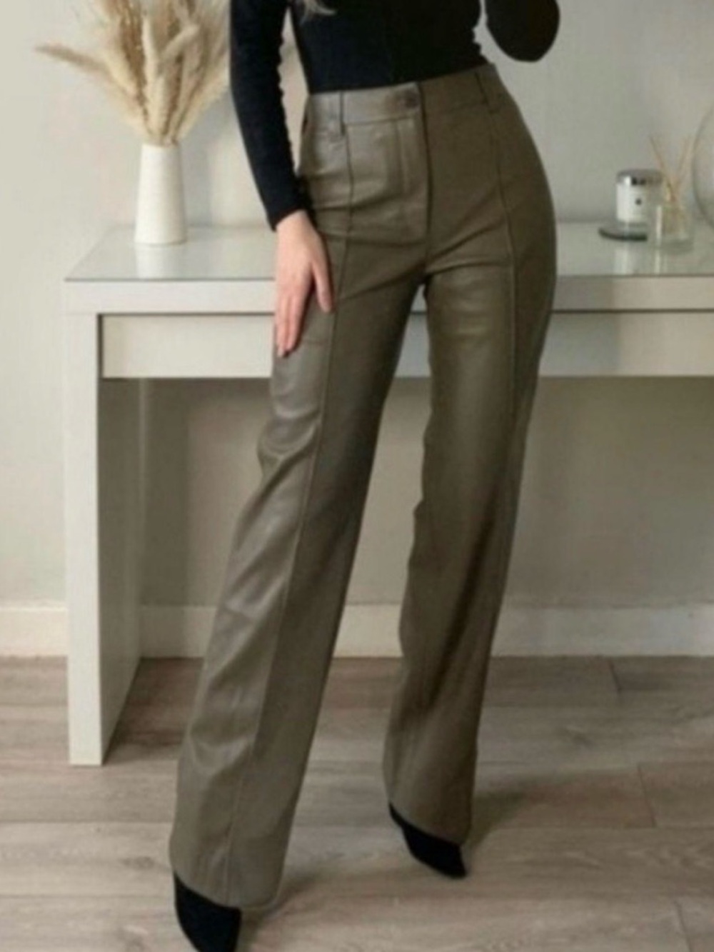 Zara high rise olive green faux leather trousers
